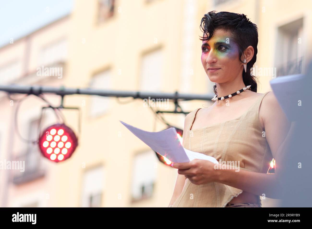 Alba Flores lors de la Proclamation Pride 2023 cérémonie d'ouverture de la MADO 2023 Madrid Pride 2023 à la Plaza Pedro Zerolo, sur 28 juin 2023 à Madrid, SPAI Banque D'Images