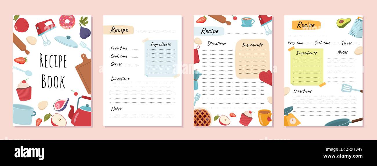 Concept d'ensemble de pages de livre de recettes. Ingrédients et