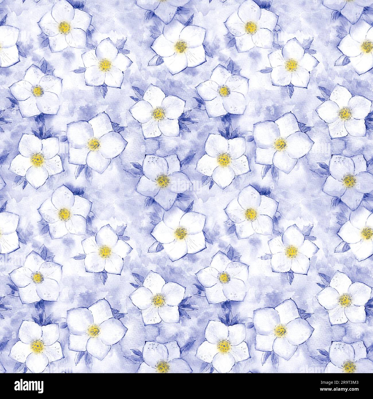 Aquarelle fleurs pastel bleu marine, jaune, blanc fond sans couture. Aquarelle dessin à la main printemps illustration botanique. Imprimer pour textil Banque D'Images