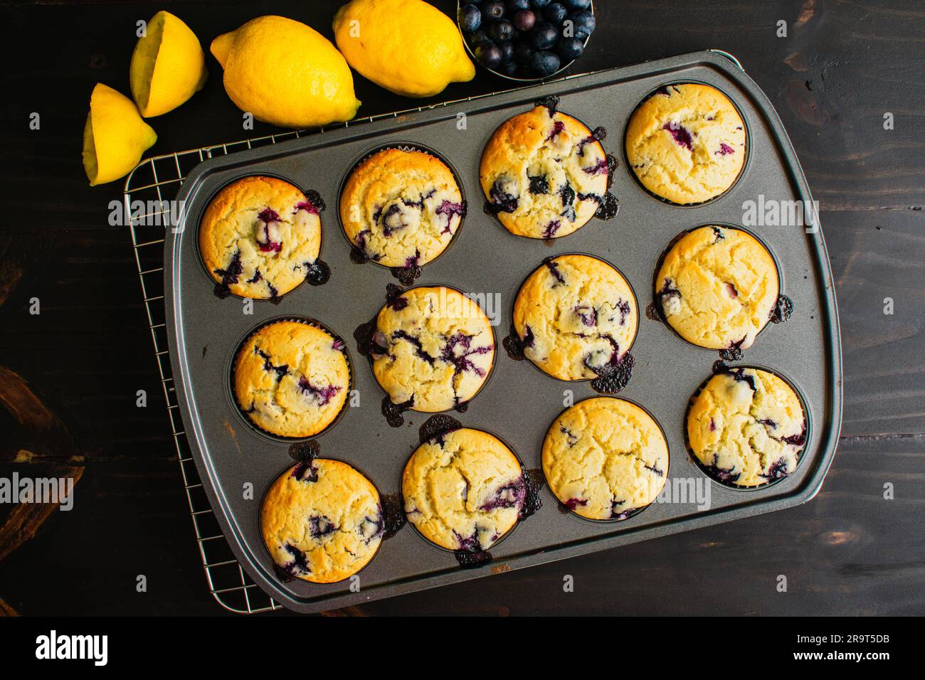 Vue en hauteur des muffins aux myrtilles dans un moule à muffins : muffins aux myrtilles fraîchement cuits dans un moule à muffins avec des citrons et des myrtilles sur le côté Banque D'Images