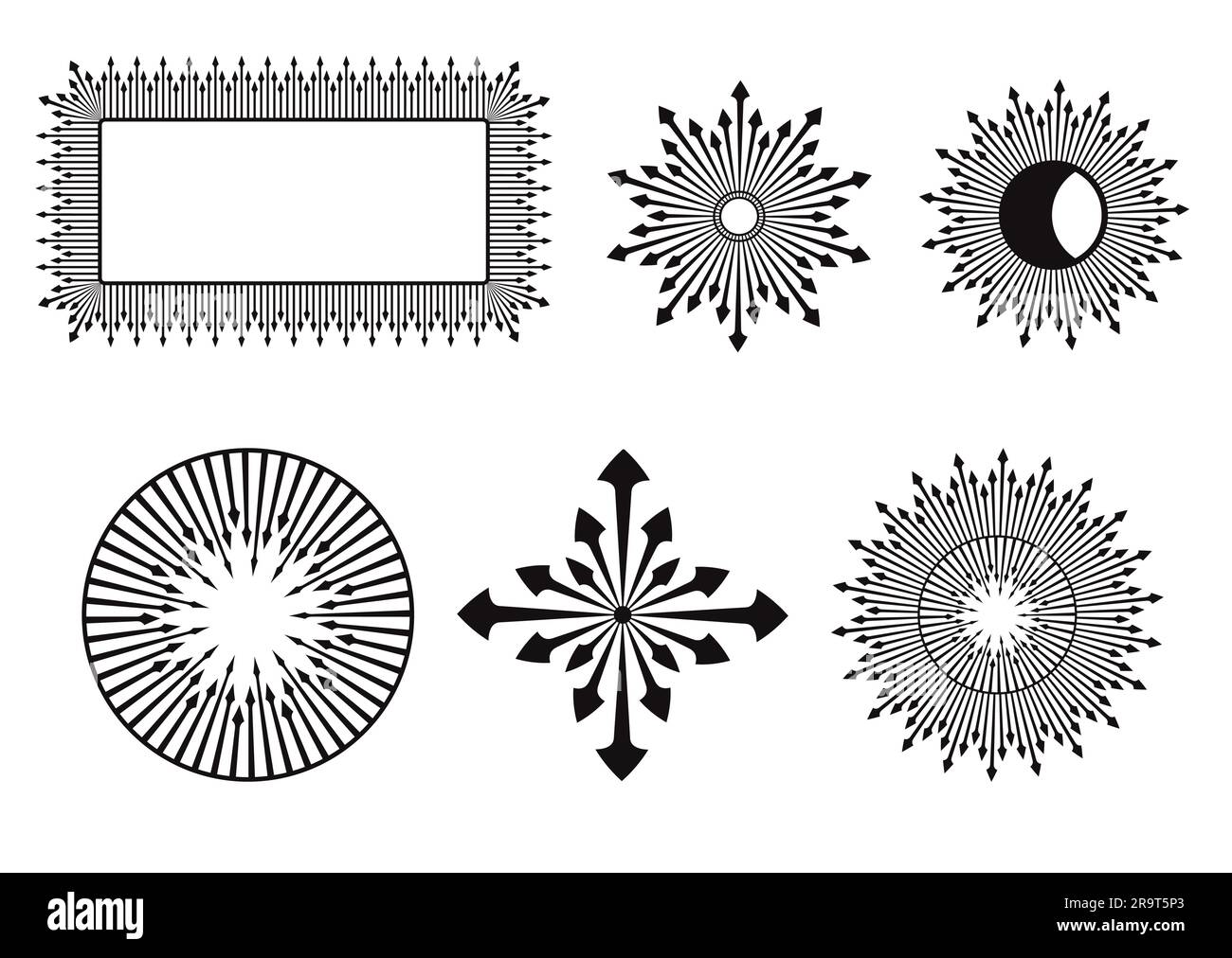 Cadre décoratif, étoiles, soleil, lune motif de flèche noire Doodle illustrations éléments de conception Illustration vectorielle isolée sur fond blanc Illustration de Vecteur