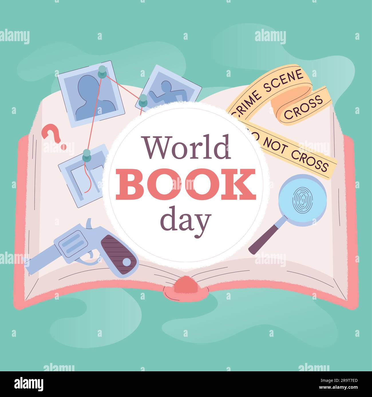 Livre ouvert isolé avec des icônes détectives World book Day Vector Illustration de Vecteur