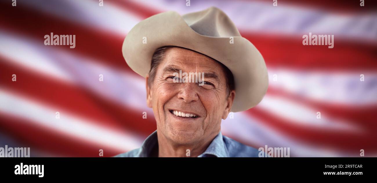 Portrait de Ronald Reagan, 40th Président des États-Unis d'Amérique portant un chapeau de cow-boy Banque D'Images
