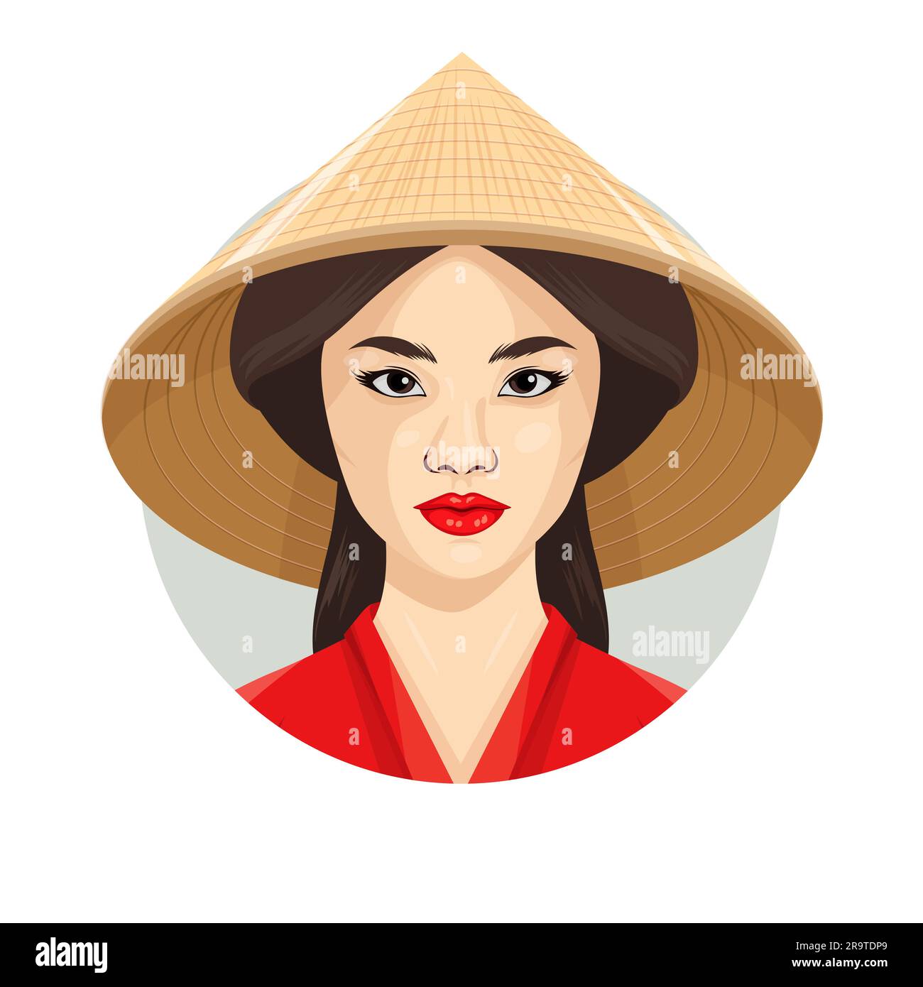 Portrait vectoriel de la belle jeune femme asiatique avec chapeau de paille conique traditionnel chinois, asiatique, chapeau non-la de triangle vietnamien, non la Headdress Illustration de Vecteur