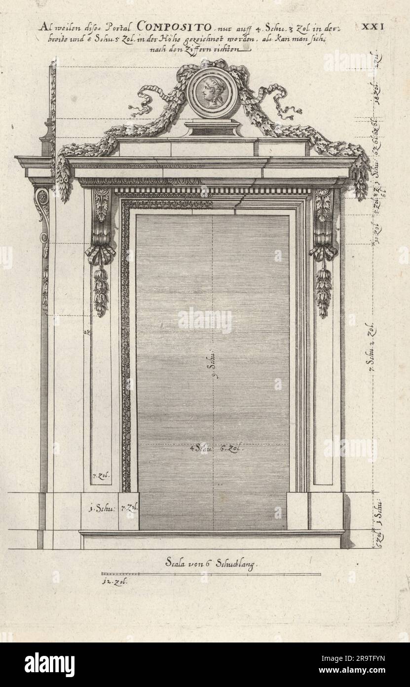 Portail ou porte dans l'ordre composite. Composito. Portail dans Kompositordnung. Copié de Représentations géométriales d'Abraham Bosse. Gravure sur plaque de coperplate par Johann Franck de l’Academia Todesca, della Architectura, Scucultura & Pittura, oder Teutsche Academie, der Edlen Bau- Bild- und Mahlerey-Kunste, Académie allemande d’architecture, de sculpture et de peinture, Jacob von Sandrart, Nuremberg, 1675. Banque D'Images