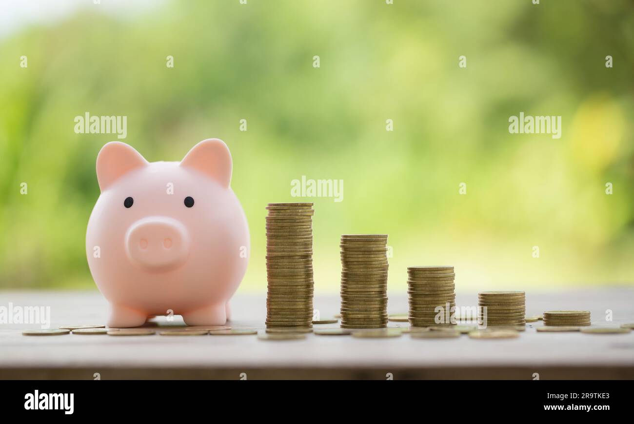 Concept d'économies pour les investissements d'entreprise. La monnaie est empilée sur un bureau en bois sur fond vert. trésorerie de gestion, actif d'assurance et richesse, droit fiscal Banque D'Images