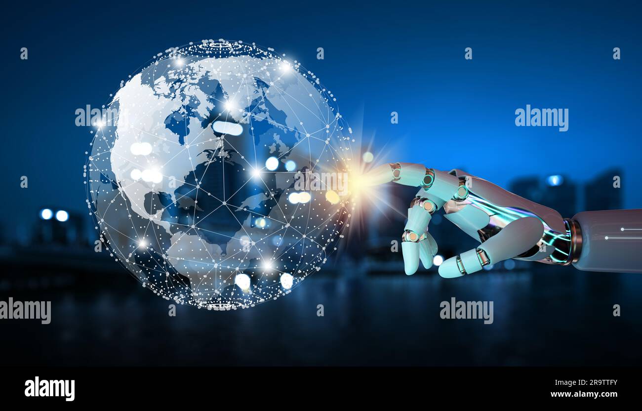 Ai robot main en tête de la connexion mondiale avec future City Background.  Global Business and Network Connection avec le concept d'intelligence  artificielle Photo Stock - Alamy
