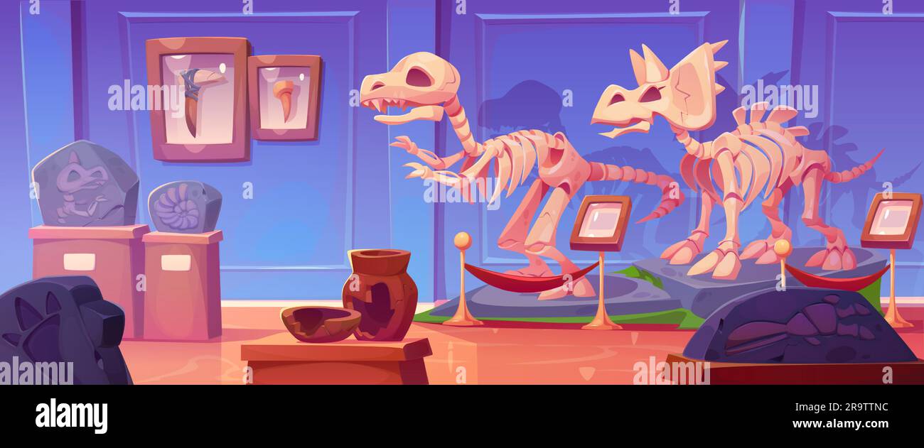 Squelette de dinosaure fossile dans l'illustration de la bande dessinée du musée d'histoire. OS de dino Jurassic et empreinte de rex exposition sur le piédestal dans la galerie avec panneau. Tricératops et tyrannosaurus découverte préhistorique Illustration de Vecteur
