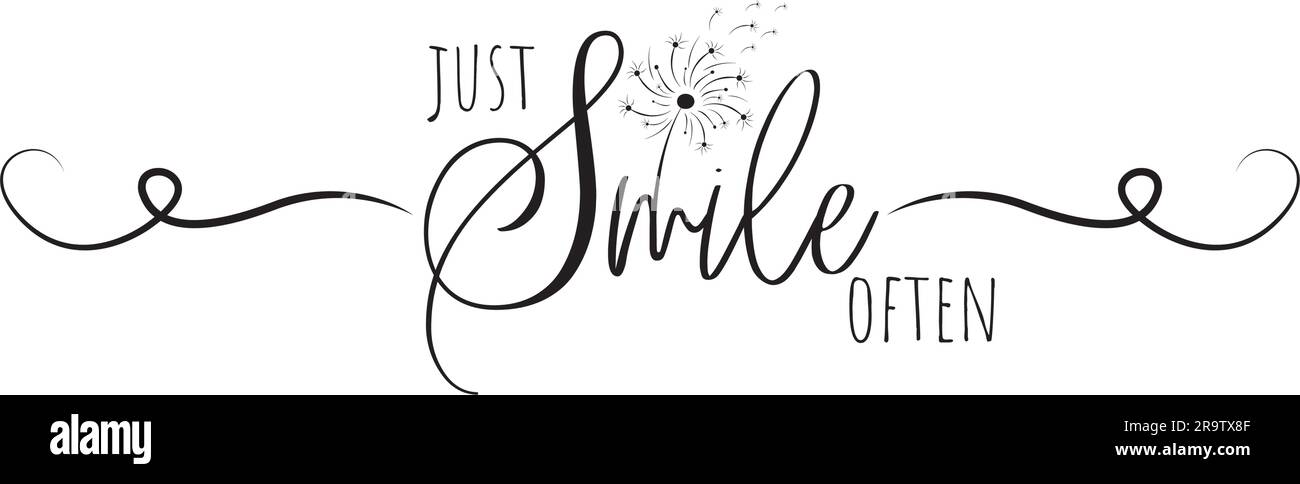 Juste Smile souvent, vecteur. Texte, lettrage. Motivation, citation positive inspirante, affirmation. Pissenlit soufflant dans le vent. Art mural Illustration de Vecteur