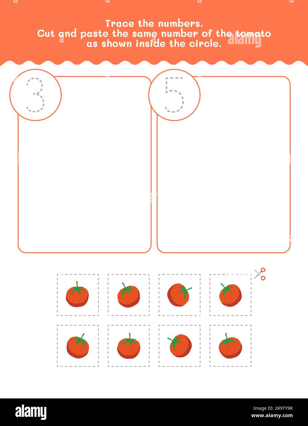 Feuille de calcul de trois et cinq numéros de comptage et de suivi. Couper et coller la feuille de travail avec des photos de tomates. Elément Vector Premium. Illustration de Vecteur