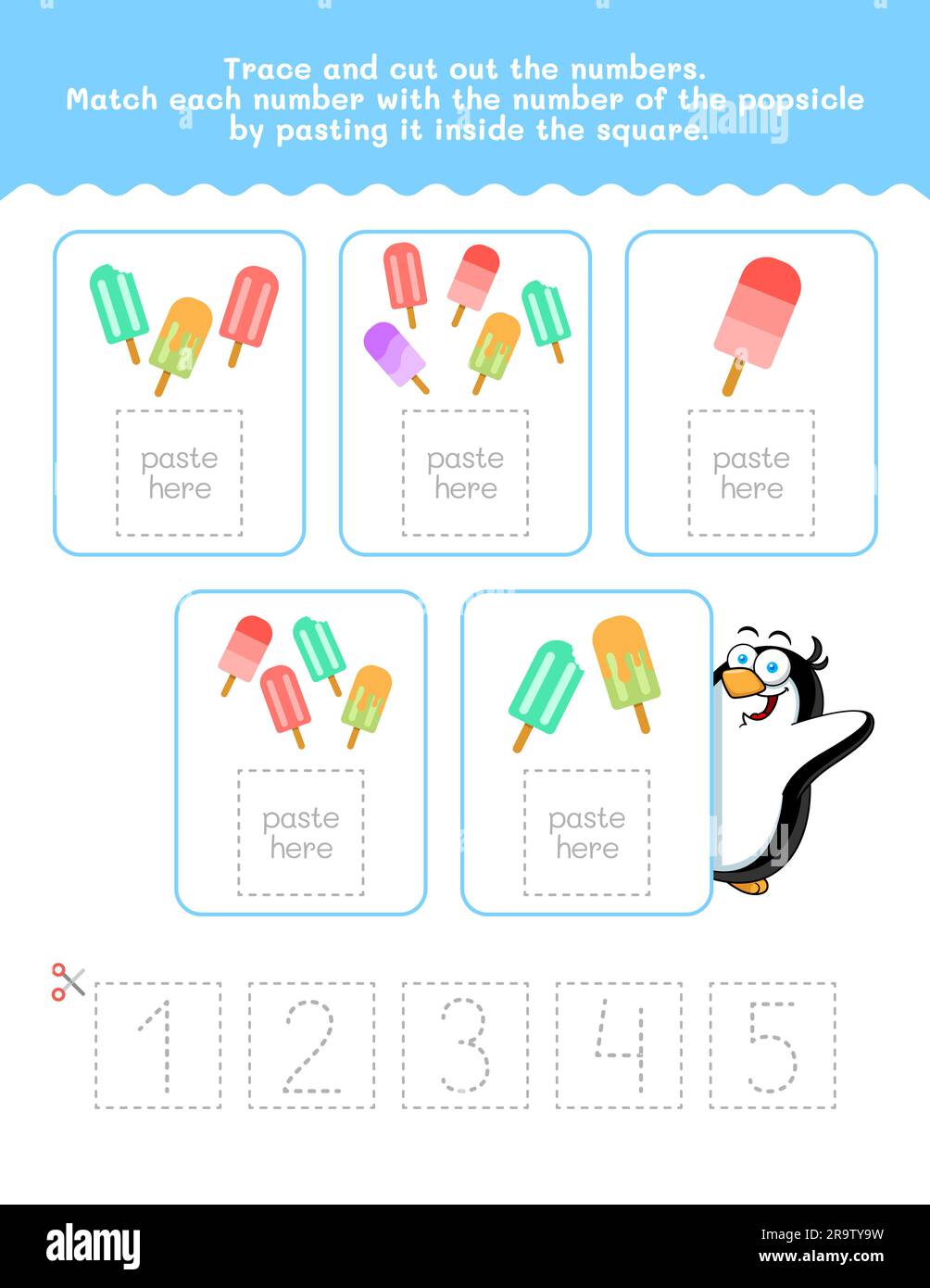 Feuille de suivi de un à cinq chiffres et mots. Couper et coller la feuille de travail avec les photos de la Popsicle. Elément Vector Premium. Illustration de Vecteur