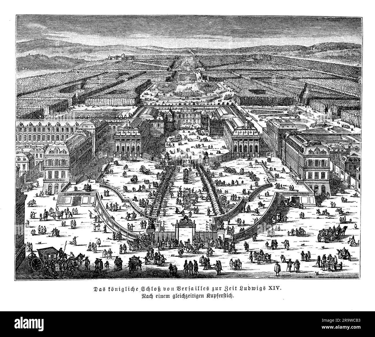 Le château de Versailles fut la principale résidence royale de France de 1682 à la Révolution française en 1789. C'était à l'origine un petit pavillon de chasse construit par Louis XIII en 1623, mais il a été largement agrandi et redessiné par son fils Louis XIV, qui y a déménagé la cour et le gouvernement français en 1682. Le palais et ses vastes jardins ont été conçus pour démontrer la puissance absolue du roi et la grandeur de la France. Il est devenu un symbole de la monarchie française et le centre de la vie politique et culturelle française depuis plus d'un siècle. Le palais dispose de nombreux halls, appartements, et chapelles, un Banque D'Images