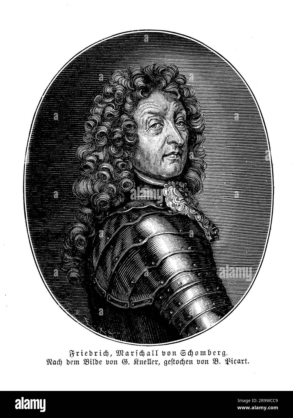 Friedrich von Schomberg, également connu sous le nom de Frédéric Armand de Schomberg, était un soldat et homme d'État d'origine allemande qui a servi dans les armées de plusieurs pays européens au cours du XVIIe siècle. Il a commencé sa carrière militaire au service de la République néerlandaise et a ensuite servi de général dans les armées de France et du Portugal. Schomberg est surtout connu pour son rôle dans la Révolution glorieuse de 1688, quand il a dirigé une armée de soldats anglais, hollandais et Huguenot contre James II en soutien de Guillaume d'Orange. Il a ensuite été nommé commandant en chef de l'armée de William en Irlande Banque D'Images