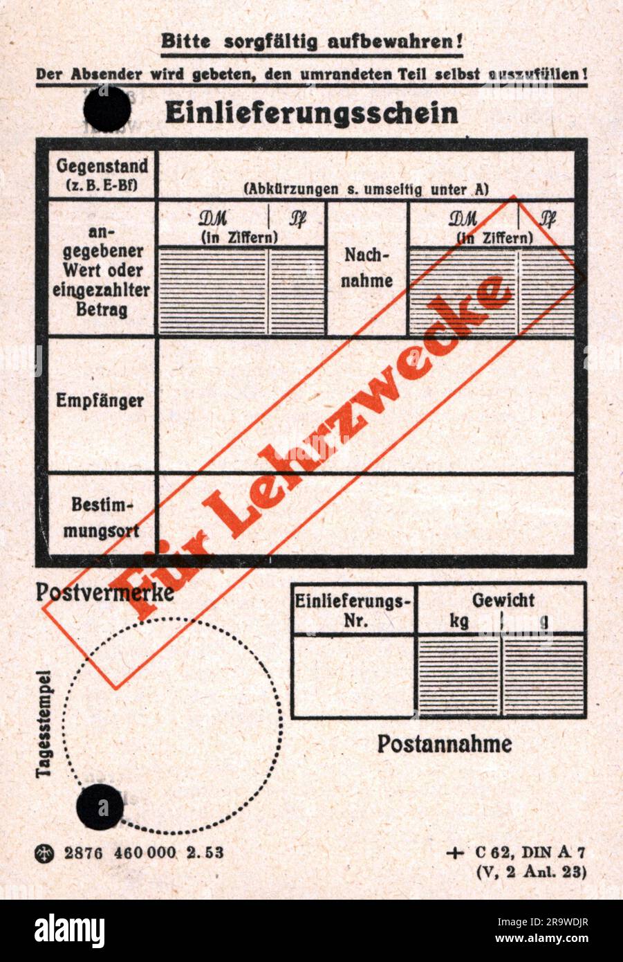 Courrier, formulaire, poste fédérale allemande, certificat d'expédition, à des fins de formation, 1953, DROITS-SUPPLÉMENTAIRES-AUTORISATION-INFO-NON-DISPONIBLE Banque D'Images