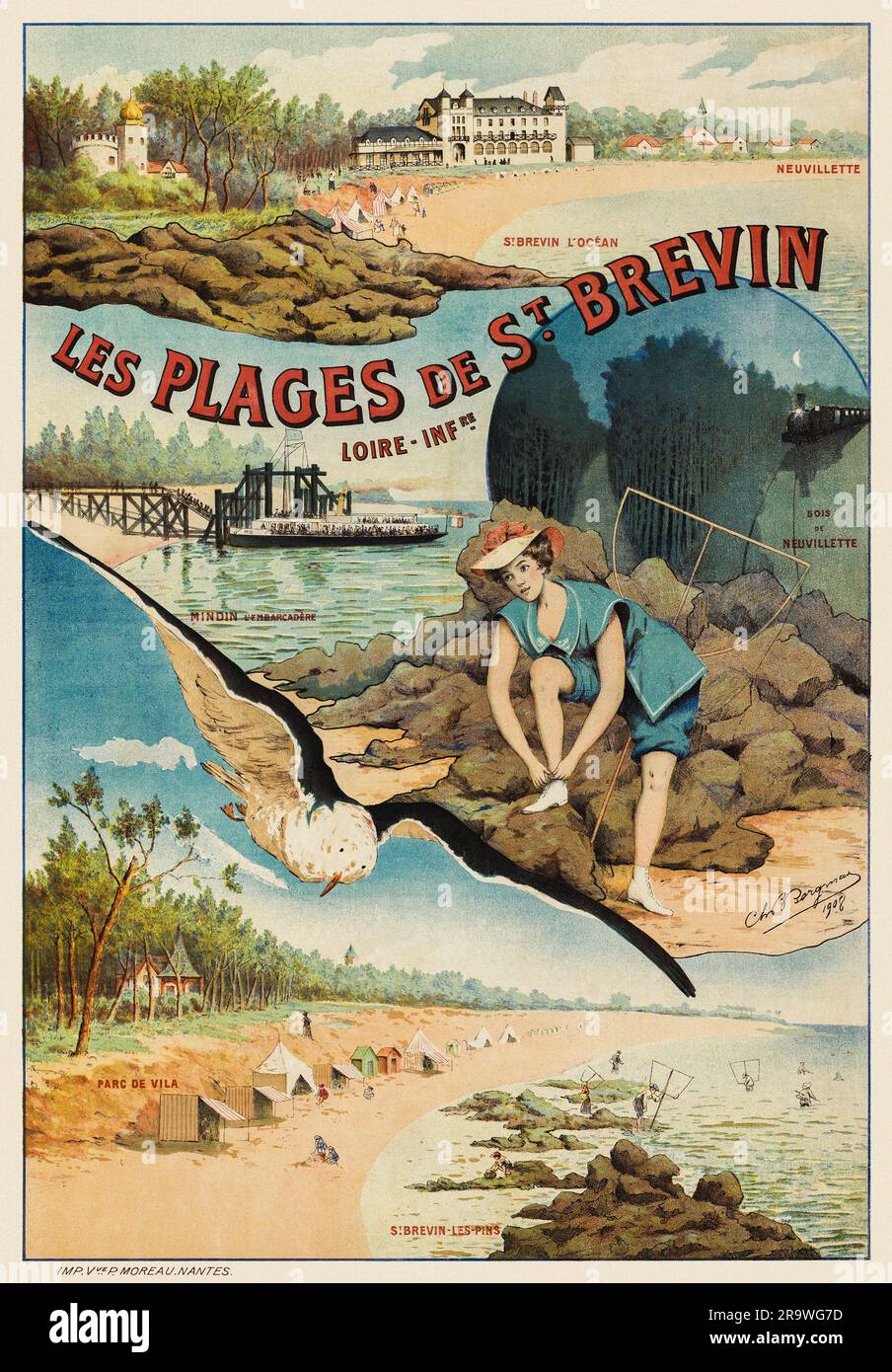 Les plages de St Brévin. Loire-Indre. Neuvillette, St Brévin l'océan, bois de Neuvillette par le CH. B. Bergman (dates inconnues). Affiche publiée en 1908 en France. Banque D'Images