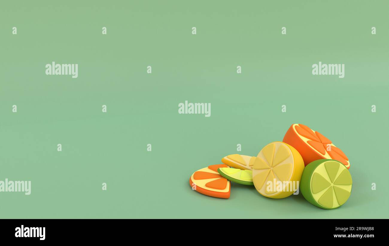 Orange, citron et vert citron vert sur fond vert avec ombre. Arrière-plan. Pour le texte. 3D rendu Banque D'Images