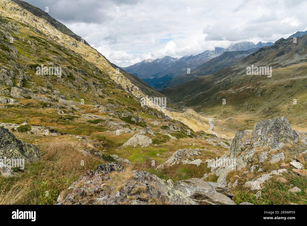 Paysage avec route de passage, San Bernardino Pass, Passo del San Bernardino, Pass dal Sogn Bernardin, région frontalière entre le canton de Graubuenden Banque D'Images