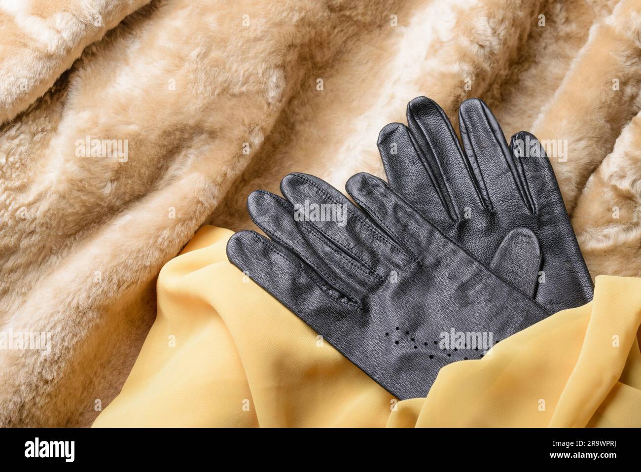 Peau de mouton blonde chaude avec gants en cuir noir et foulard en soie jaune Banque D'Images