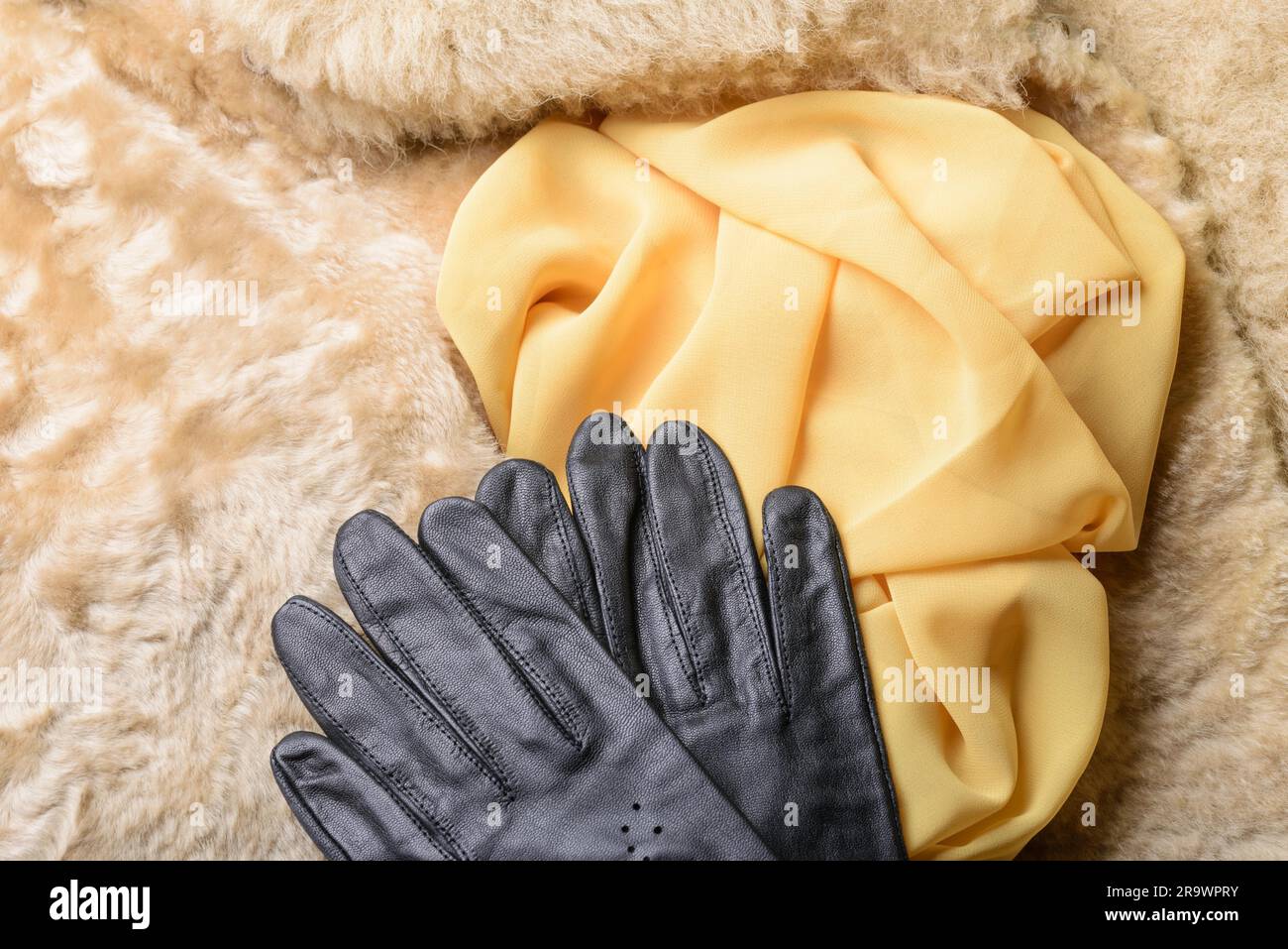 Peau de mouton blonde chaude avec gants en cuir noir et foulard en soie jaune Banque D'Images