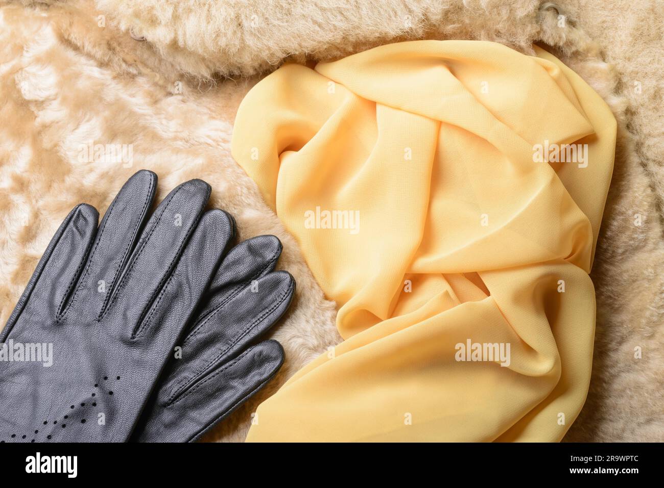 Peau de mouton blonde chaude avec gants en cuir noir et foulard en soie jaune Banque D'Images