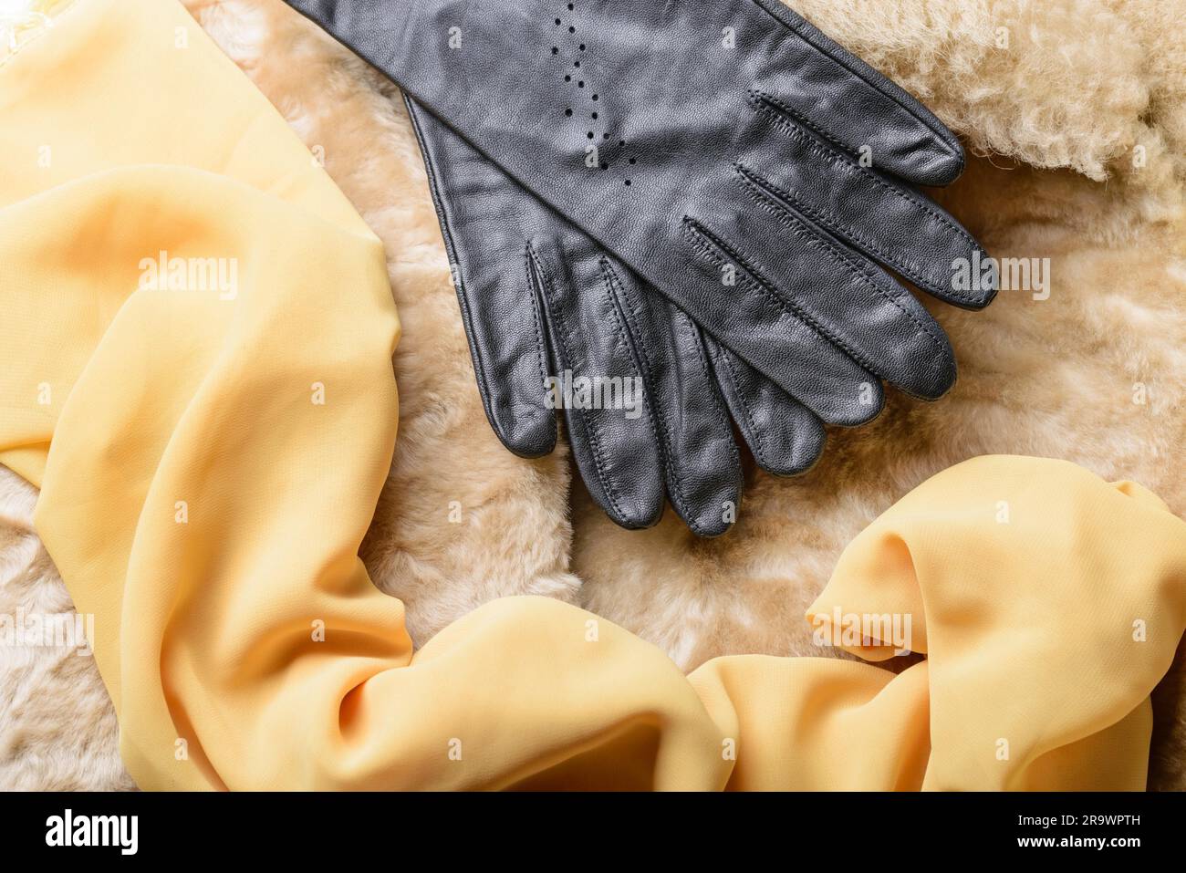 Peau de mouton blonde chaude avec gants en cuir noir et foulard en soie jaune Banque D'Images