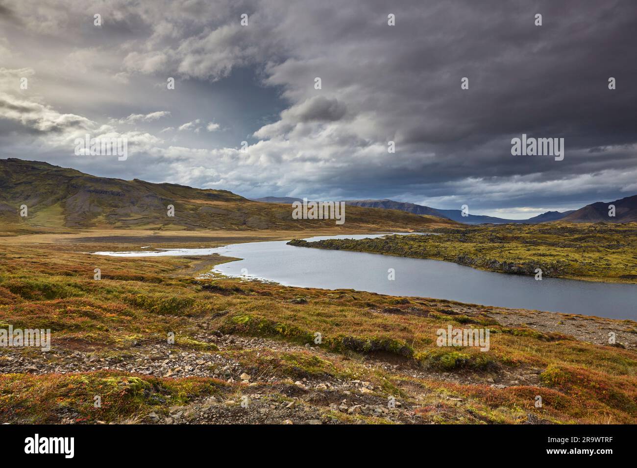 Une vue sur un lac au milieu d'un champ de lave, à Berserkjahraun, près de Stykkisholmur, sur la péninsule de Snaefellsnes, à l'ouest de l'Islande. Banque D'Images
