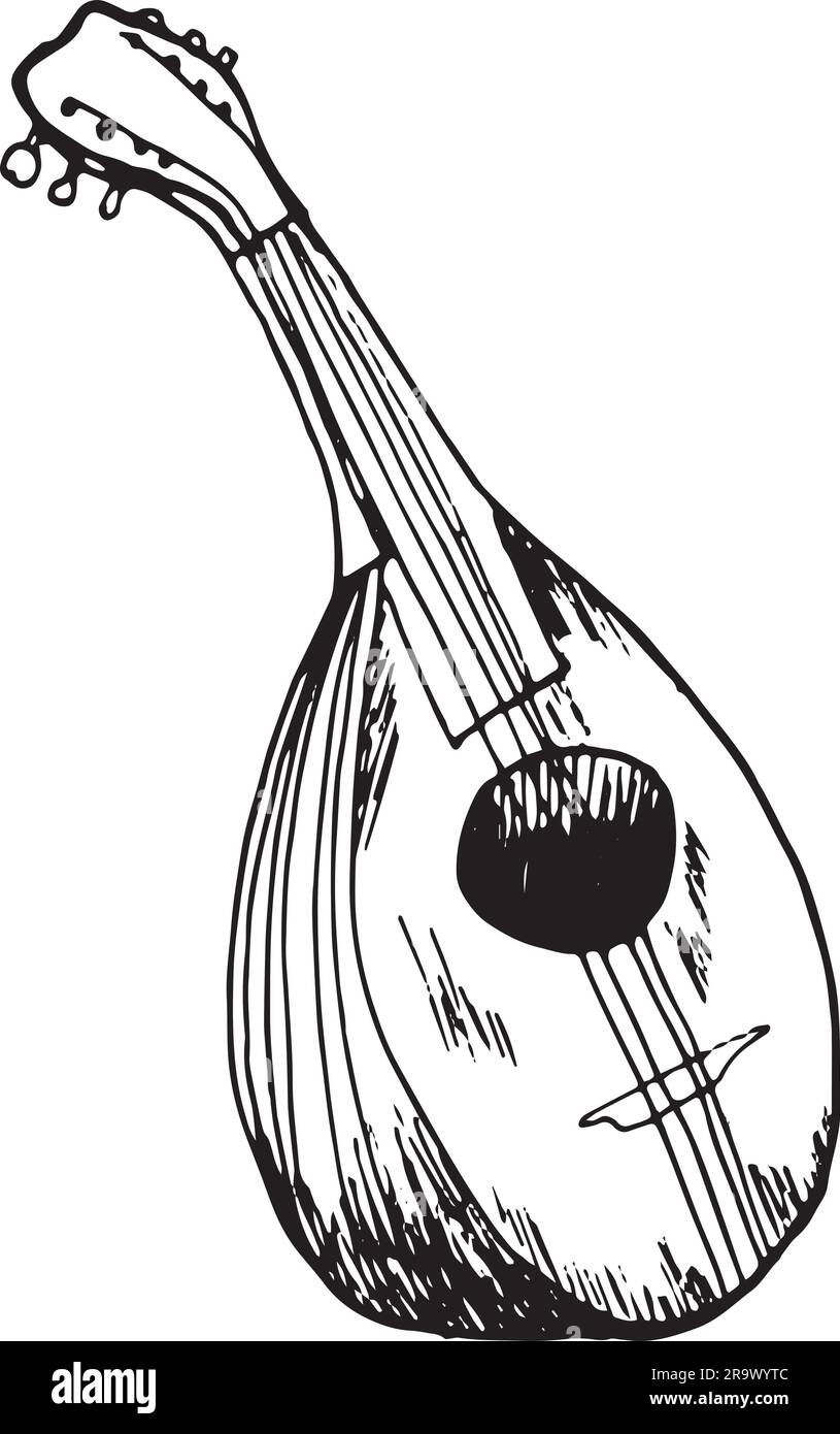 Illustration vecteur d'instrument de musique classique de Mandoline isolée. Orchestre symphonique instrument à cordes silhouette encre dessinée à la main. Noir blanc ele Illustration de Vecteur