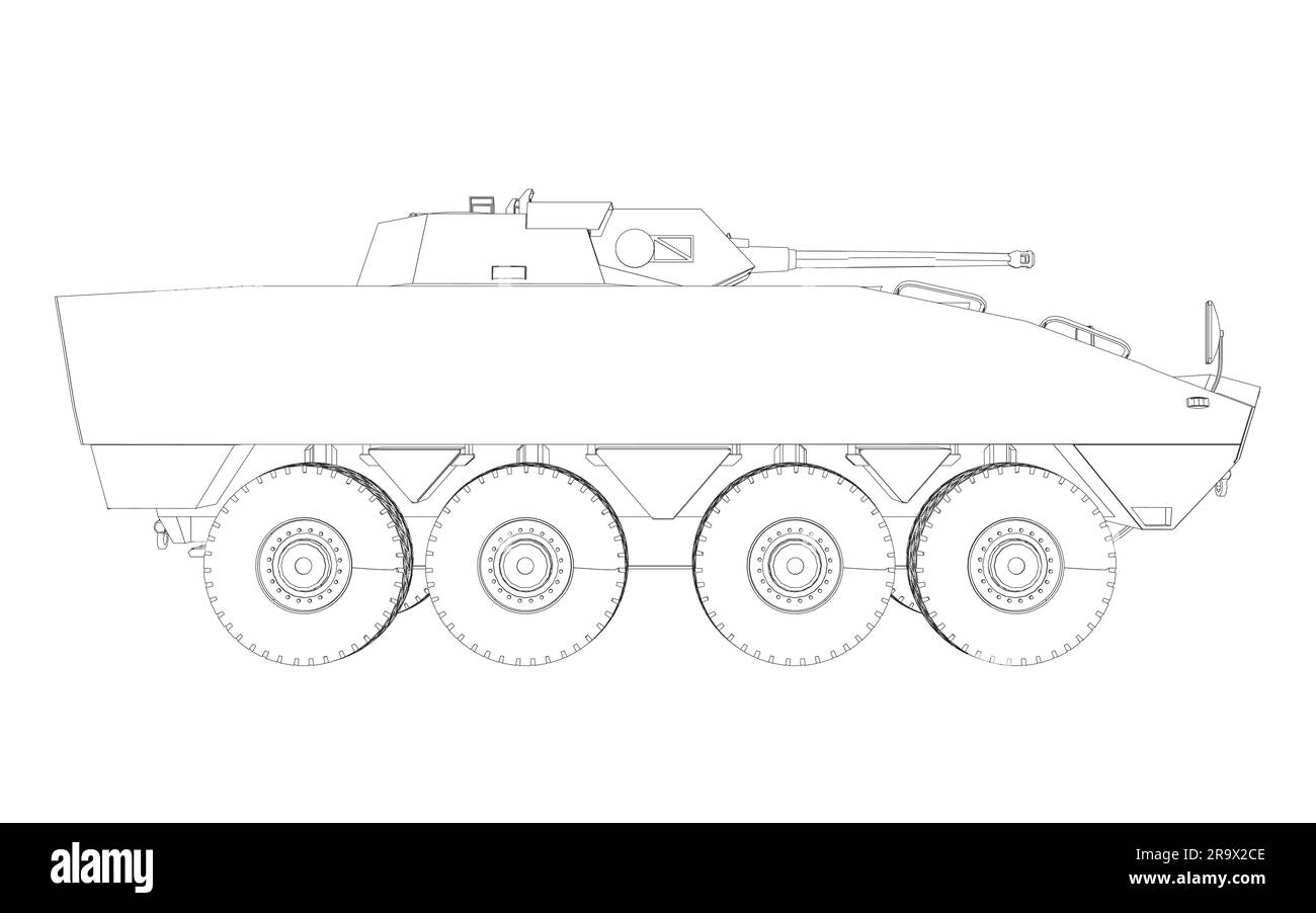 Outline Armored porte-troupes. Illustration vectorielle de dessin de machines militaires. BTR. Illustration de Vecteur