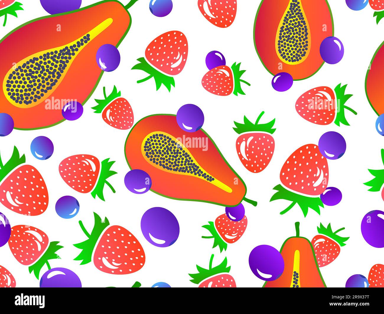 Motif sans couture avec papaye, bleuets et fraises. Mélange de fruits d'été avec bleuets, fraises et papaye. Conception de bannières et promotion Illustration de Vecteur