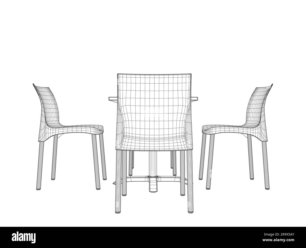 Table ronde moderne en filaire avec chaises. Illustration vectorielle. Dessin d'art vectoriel dessiné à la main d'une table à manger avec chaises. 3D. Illustration de Vecteur