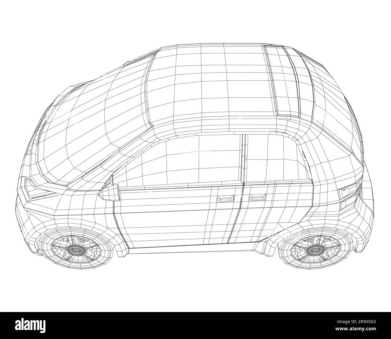 Illustration vectorielle d'une petite voiture filaire. Modèle de voiture urbaine. Modèle de voiture compacte vierge pour la marque ou la publicité. Voiture de livraison de nourriture. 3D. Illustration de Vecteur