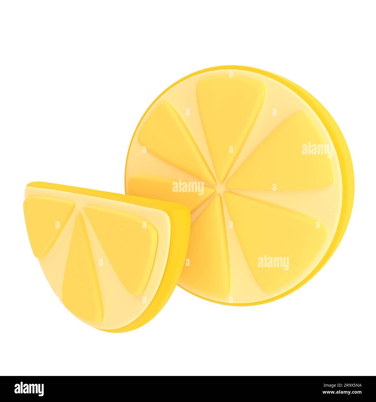 Morceaux de citron jaune aigre sur fond blanc en style plastique. Illustration stylisée. 3D rendu. Banque D'Images