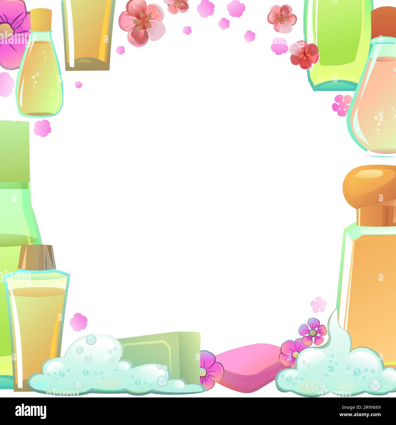 Shampoings et savons avec parfum de fleurs. cadre de l'image autour du bord de l'image. Proportion arrondie. Détergent pour le lavage du corps et des objets. Mousse Illustration de Vecteur