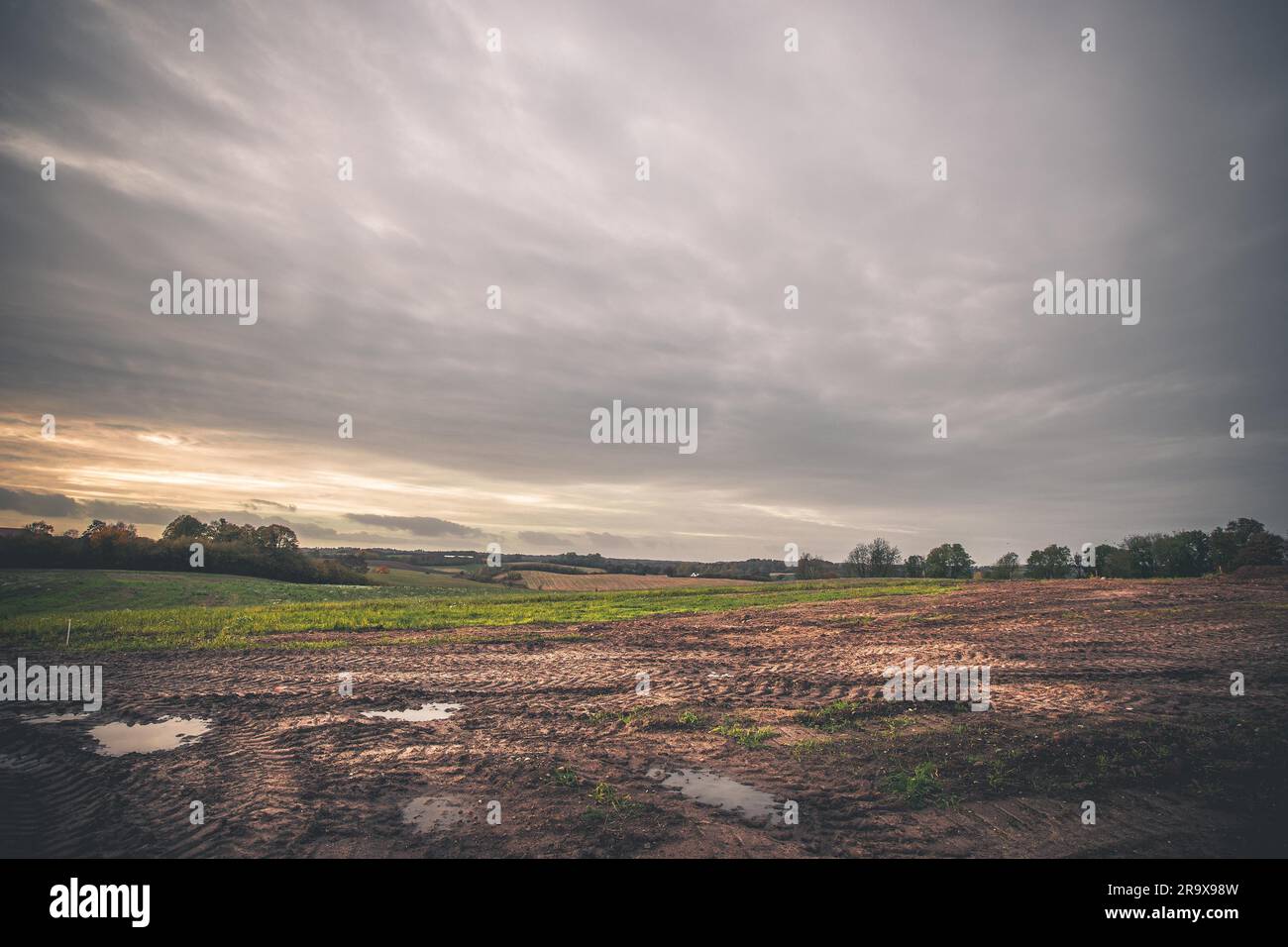 Paysage avec des traces de roues sur un terrain boueux en automne par temps nuageux en dehors de la route Banque D'Images