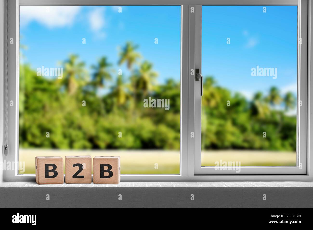 B2B ouvrir une fenêtre sur un tropcal île avec palmiers sous un ciel bleu Banque D'Images