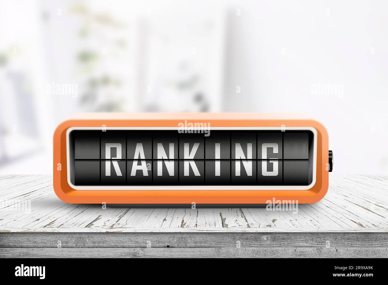 Ranking signe sur une table en bois avec des planches dans un salon lumineux Banque D'Images