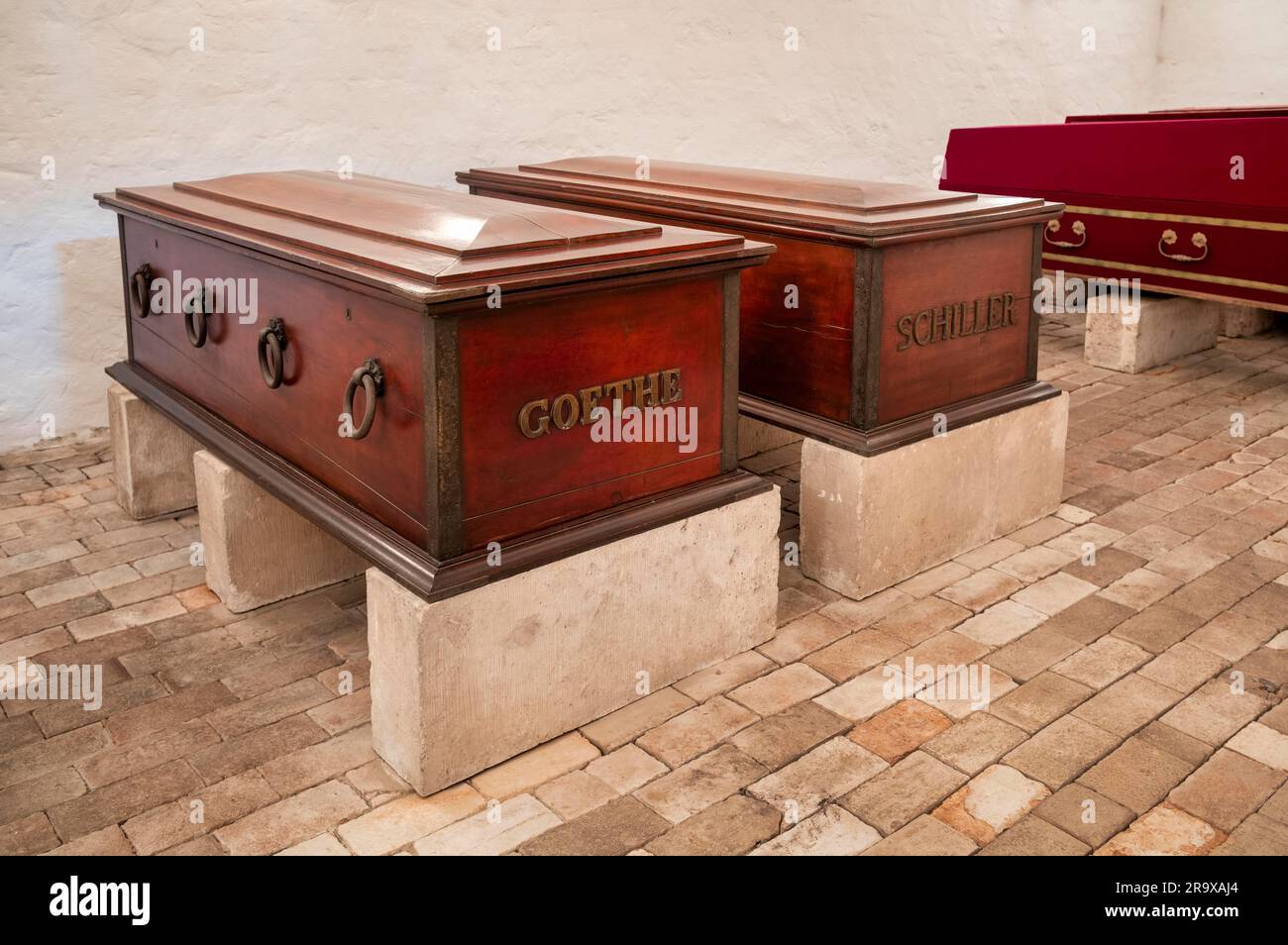 Tombe, cercueils de Johann Wolfgang von Goethe et Friedrich Schiller, crypte de Weimar, cimetière historique, Weimar, Thuringe, Allemagne Banque D'Images