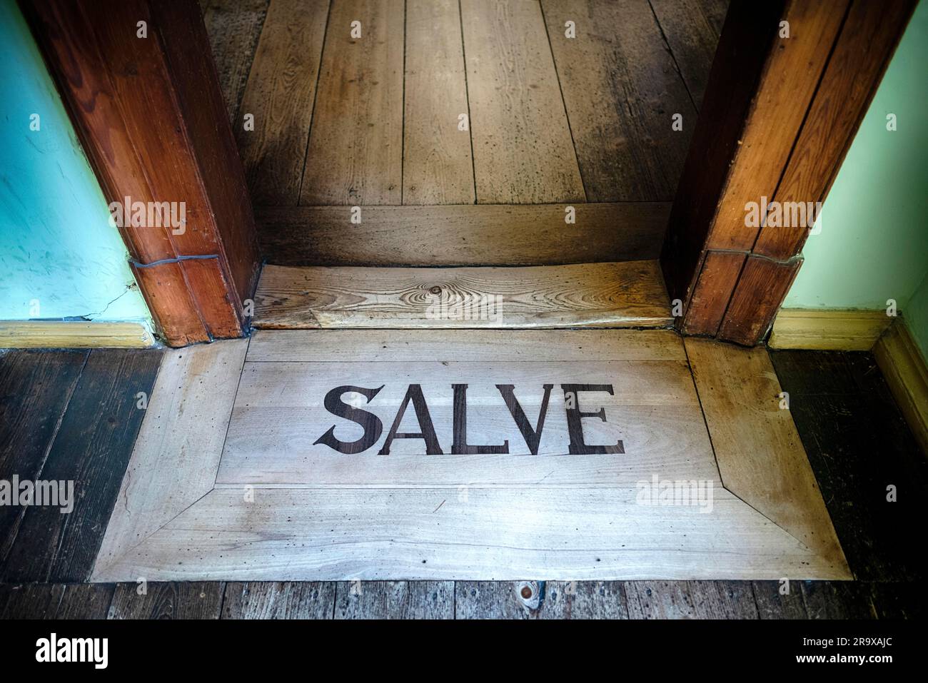 Entrée au salon avec message de bienvenue SALVE, Résidence de Johann Wolfgang von Goethe, Résidence de Goethe, Musée, Frauenplan, Weimar Banque D'Images