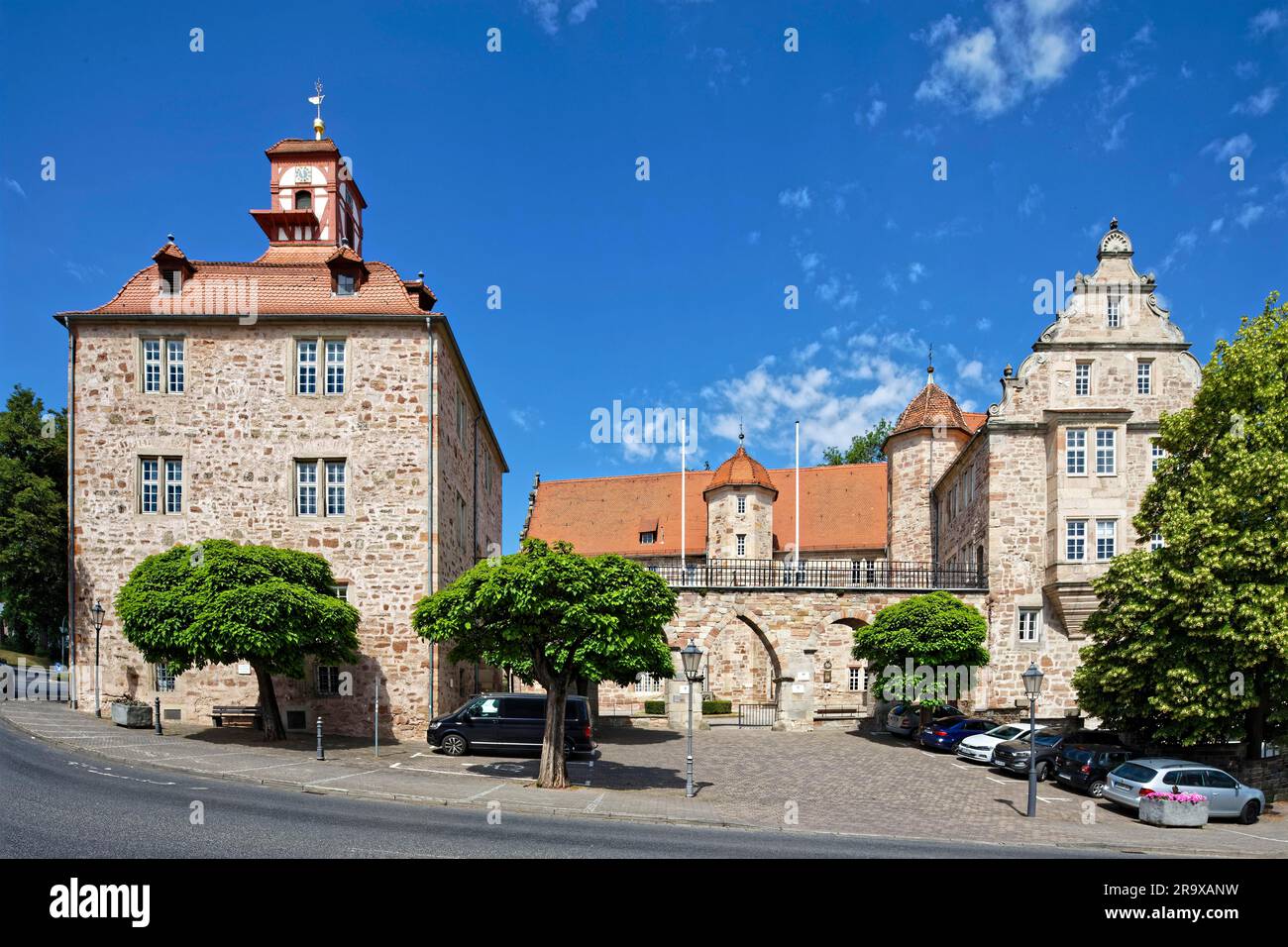 Château de Landgrave Eschwege, Renaissance, construit en 1386 par Landgrave Balthasar de Thuringe, tour à colombages en haut à gauche, avec horloge, horloge artistique Banque D'Images