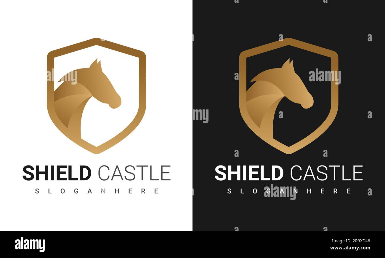 Golden Castle Knight Horse avec logo Shield design logo Castle Knight logotype Warrior Icon Illustration de Vecteur