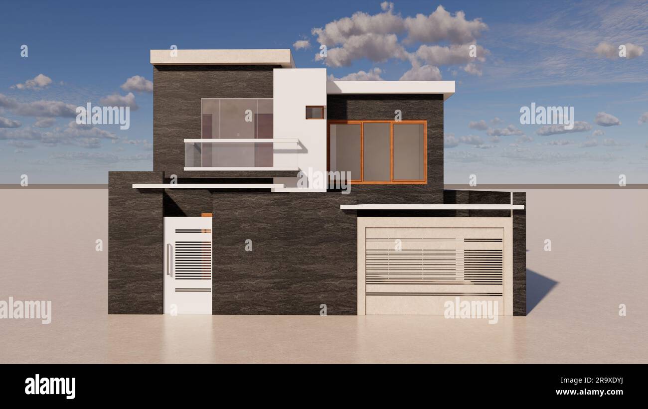 Un 3D rendu d'une maison résidentielle contemporaine dispose d'un garage et d'une unité de climatisation Banque D'Images