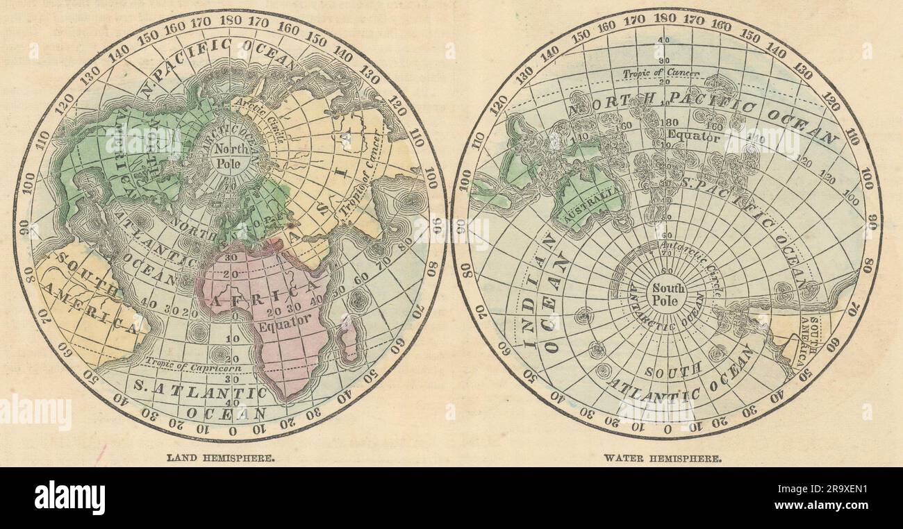 Monde. Hémisphères terrestres et aquatiques. JOHNSON 1866 ancien plan carte graphique Banque D'Images