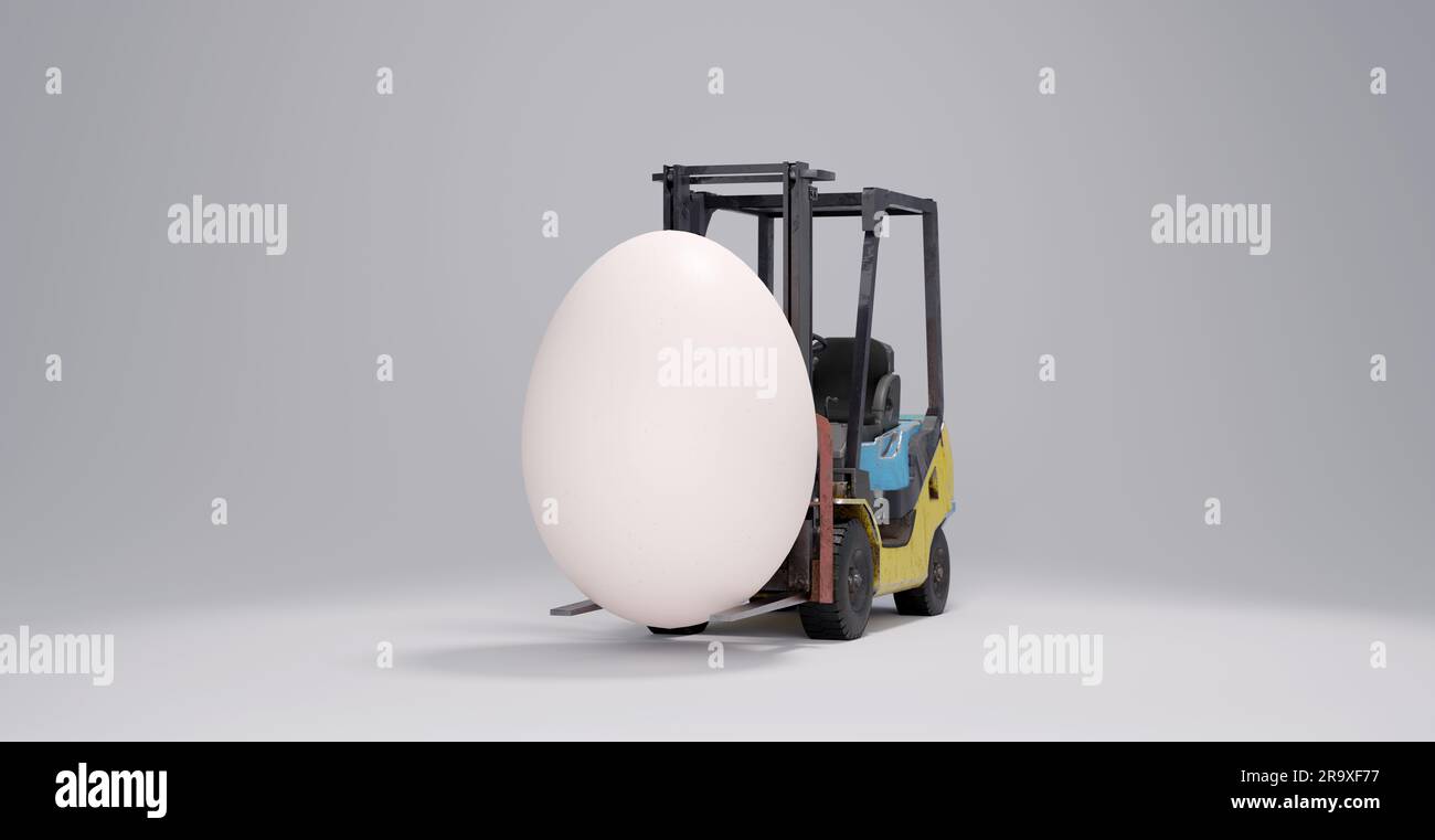 Image symbolique pour le transport prudent et la cargaison avec chariot élévateur et un oeuf, rendu 3D Banque D'Images