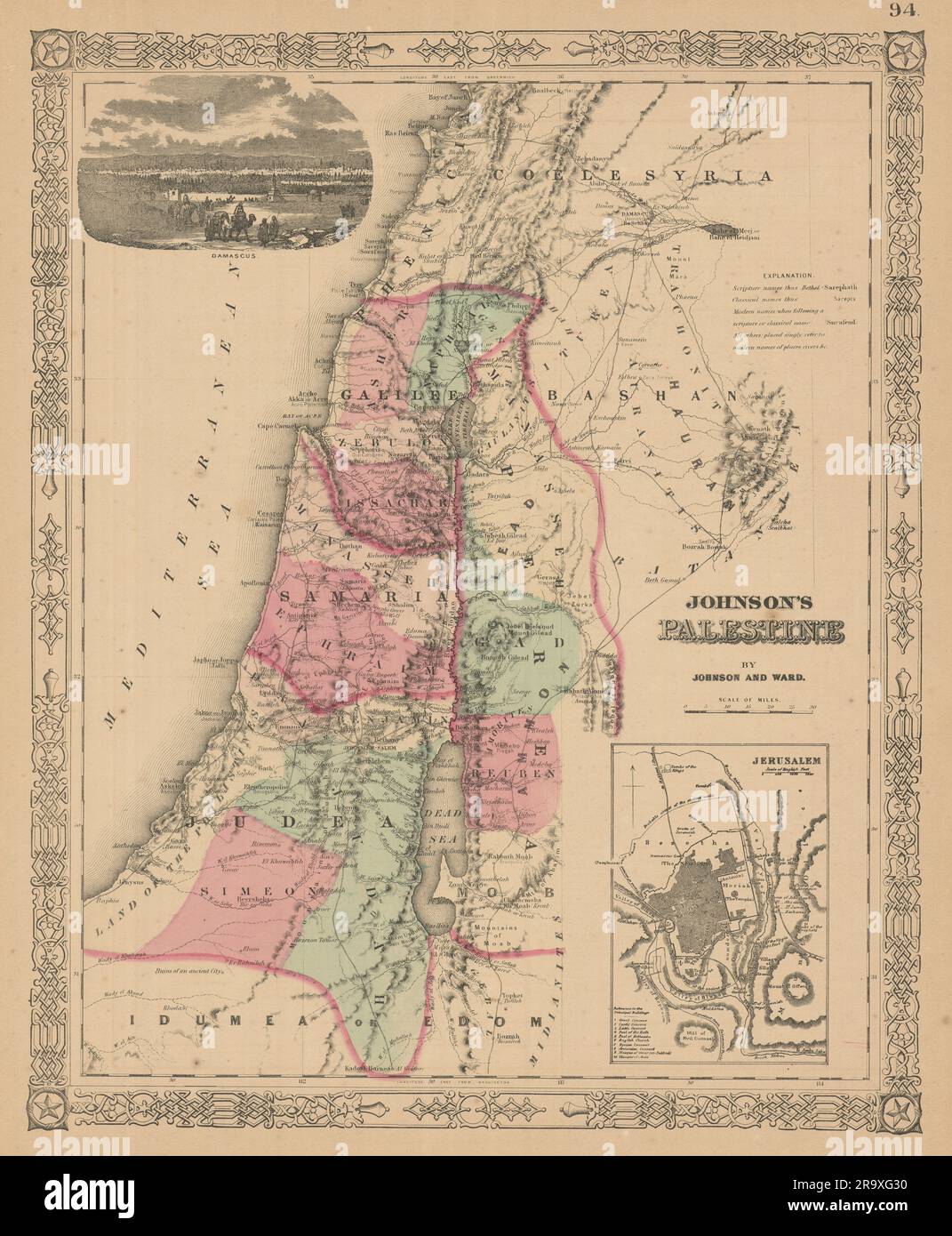 La Palestine de Johnson. Damas de Jérusalem. 12 tribus d'Israël. Carte de la Terre Sainte 1866 Banque D'Images