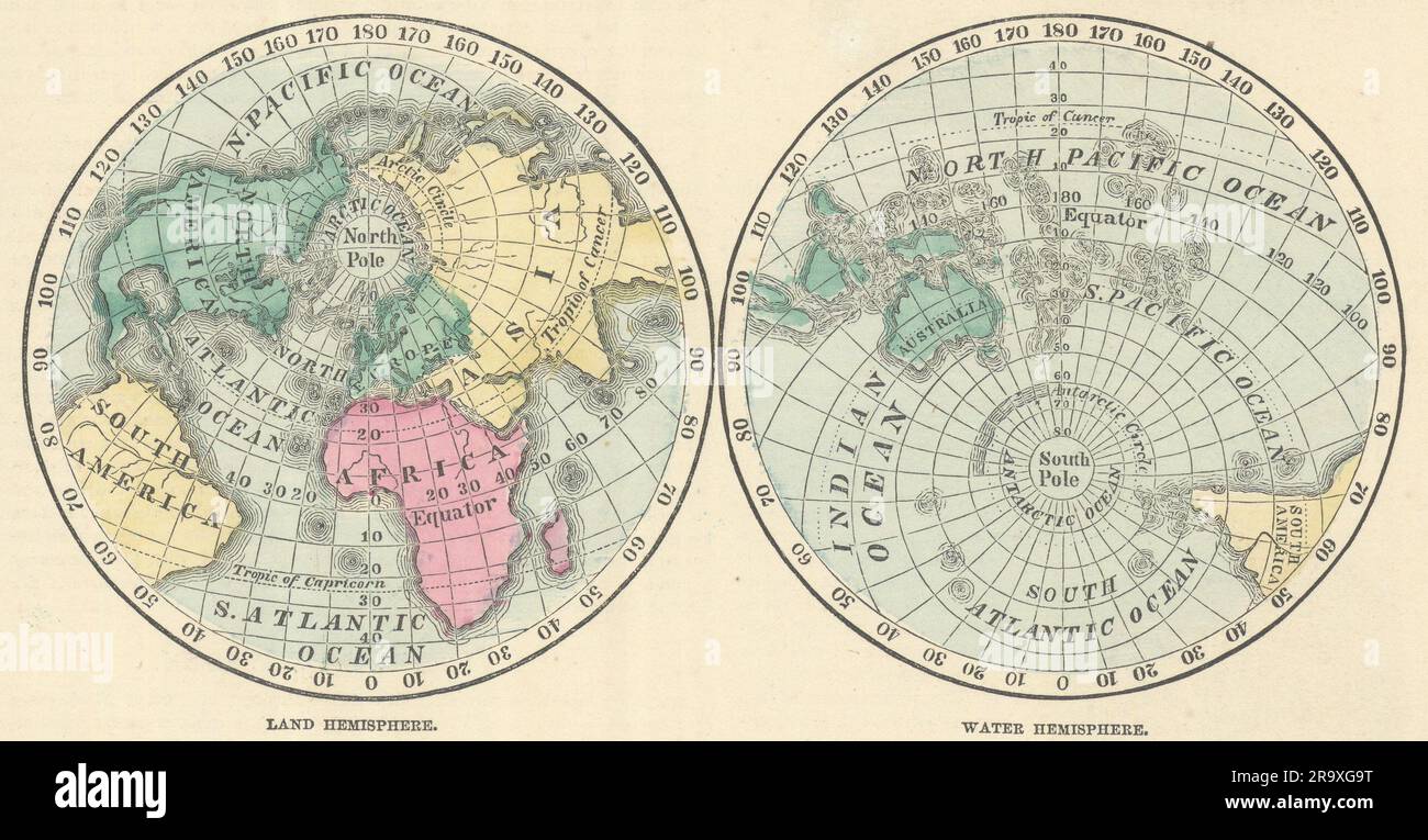 Monde. Hémisphères terrestres et aquatiques. JOHNSON 1861 ancien plan carte graphique Banque D'Images