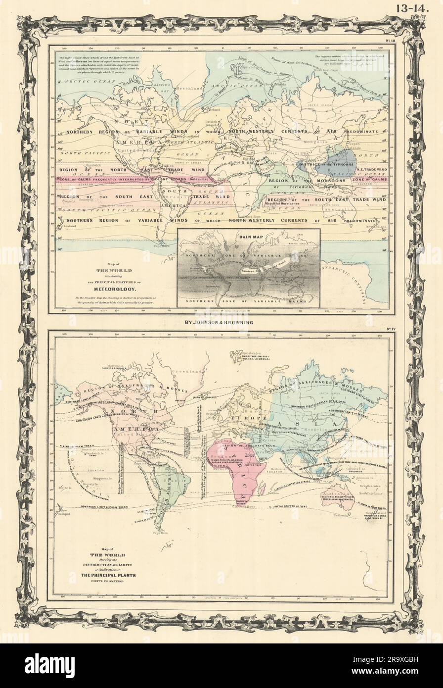 Météorologie mondiale. Agriculture. Culture végétale. JOHNSON 1861 ancienne carte Banque D'Images