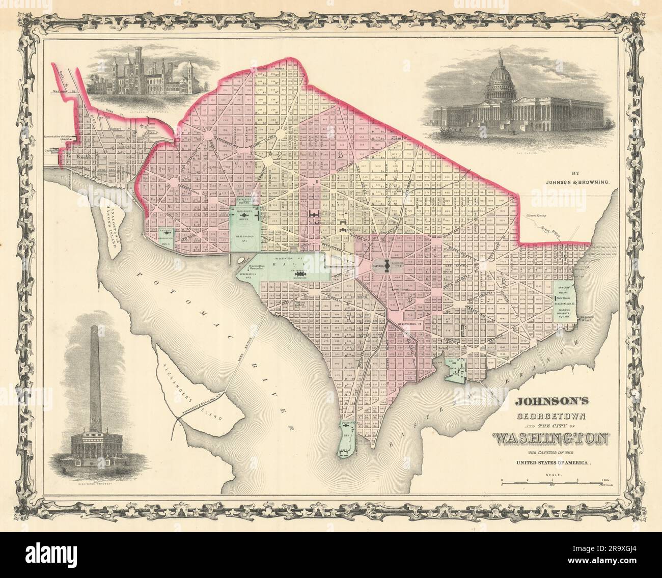 Johnson's Georgetown et la ville de Washington DC 1861 carte ancienne Banque D'Images