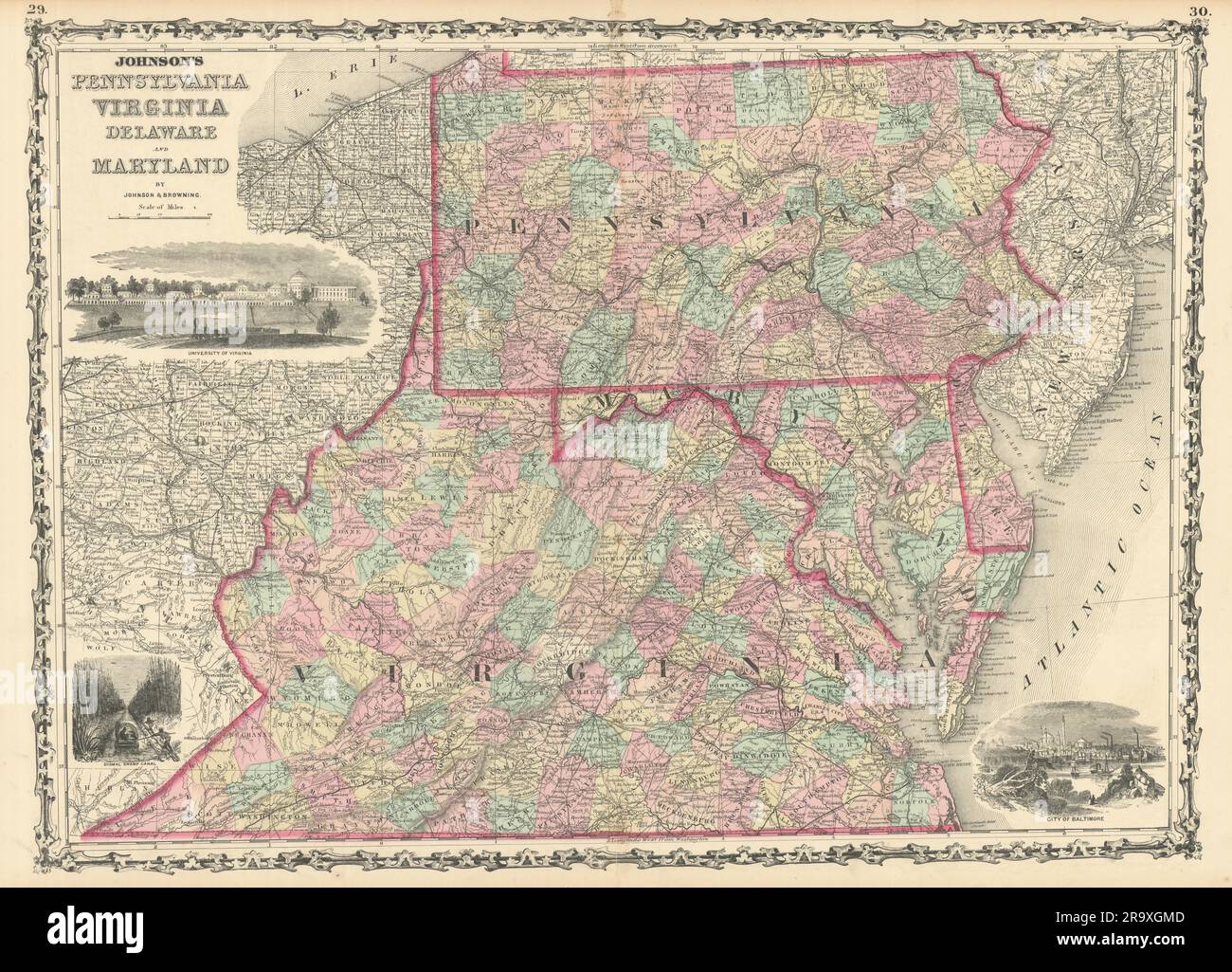 Johnson's Pennsylvania, Virginia, Delaware & Maryland. Carte DE l'État DES ÉTATS-UNIS 1861 Banque D'Images