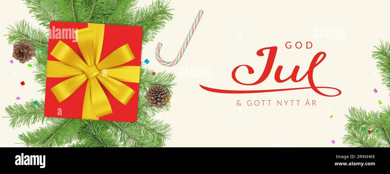 Joyeux Noël et joyeux nouvel an en suédois (God Jul och Gott Nytt år). Bannière de Noël Banque D'Images