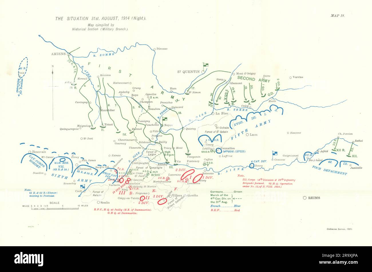 Super retraite. WESTERN Front 31st août 1914 nuit. Première Guerre mondiale. 1933 carte Banque D'Images